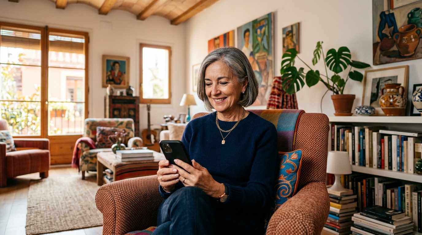 Mujer madura usando el teléfono con tranquilidad y seguridad