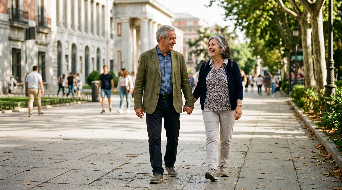 Pareja madura con entradas de teatro y museo en Madrid