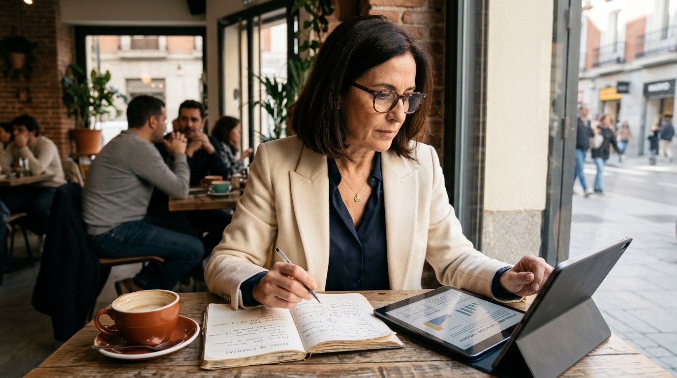 Mujer profesional de 57 años revisando cálculos de su pensión para 2027 con libreta y tablet