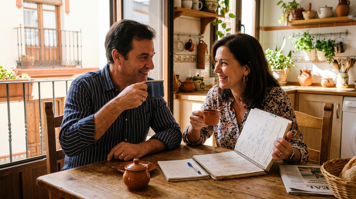 Pareja madura española conversando con afecto y café sobre sus planes de jubilación