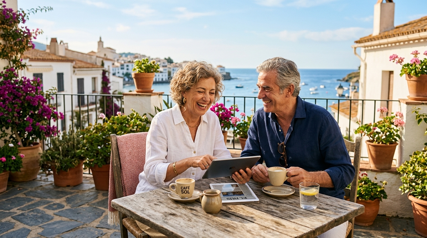 Pareja madura activa y sonriente en una terraza mediterránea disfrutando de su tiempo y de la lectura en tablet