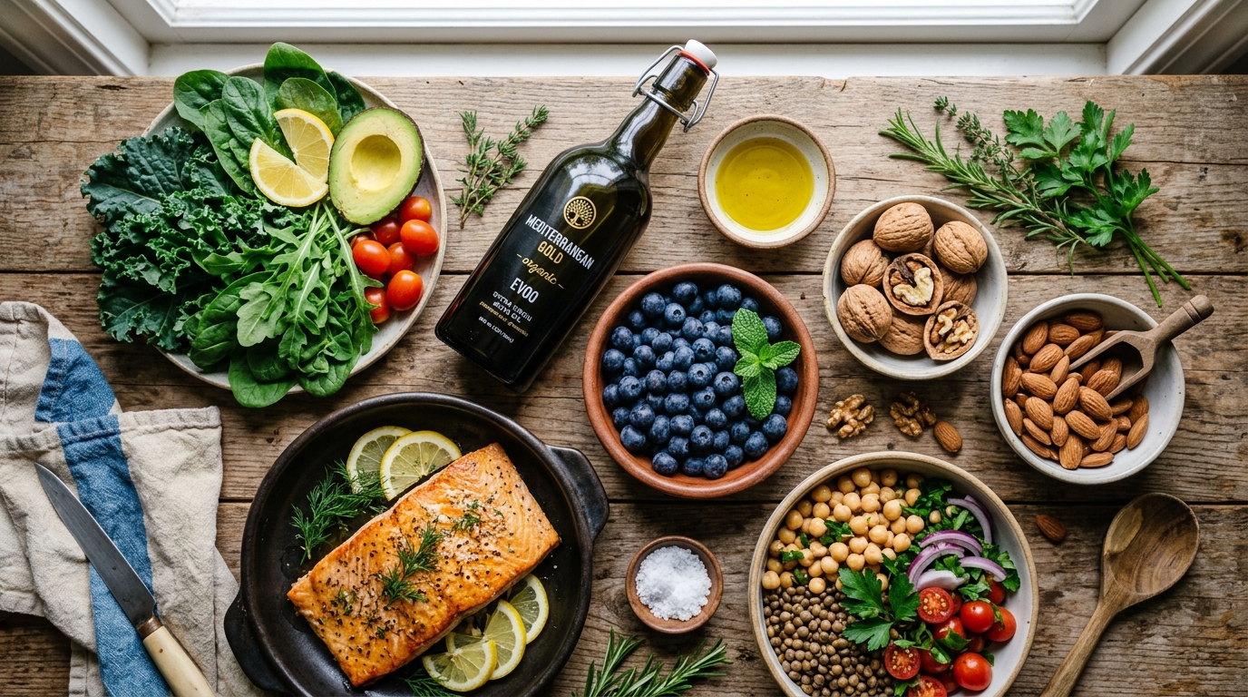 Ingredientes frescos de dieta mediterránea rica en omega-3 y polifenoles