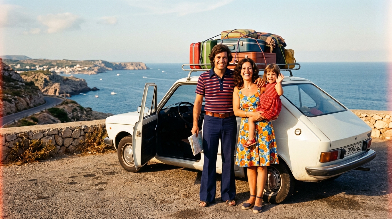 Familia española de vacaciones en 1975 junto a su Seat blanco cargado con maletas en la baca