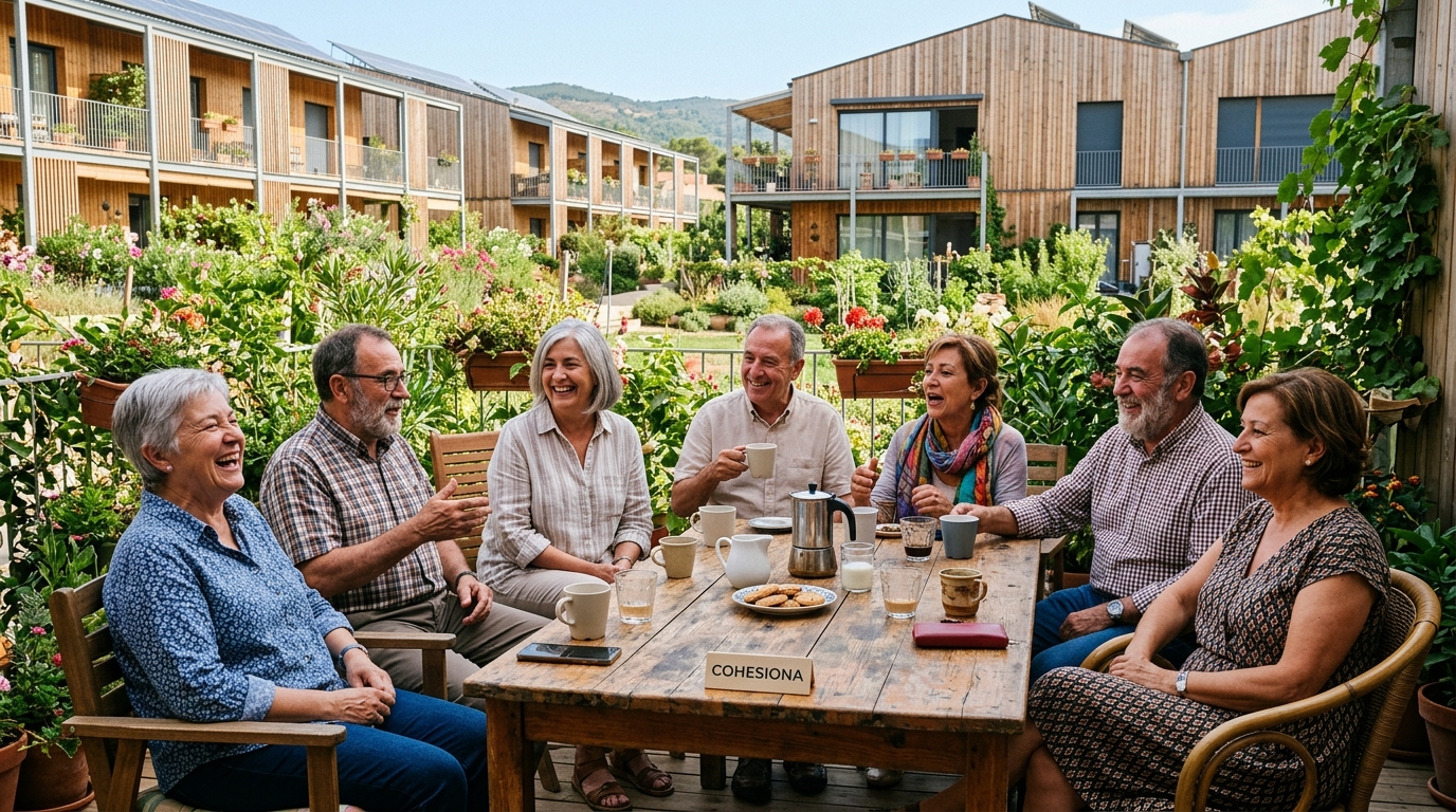 Vecinos sénior compartiendo mesa y risas en terraza común